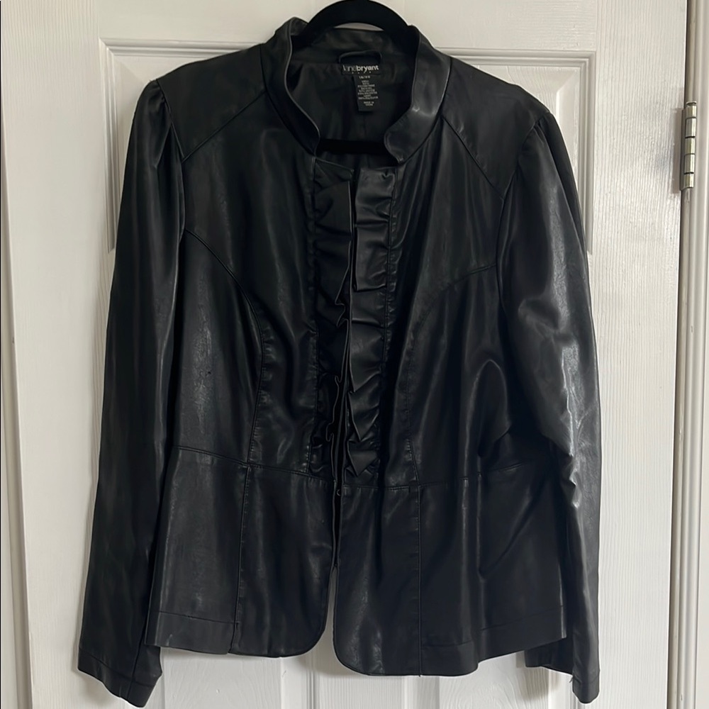 Lane Bryant Black Ruffle Front Leather Jacket Sleek Tailored Design